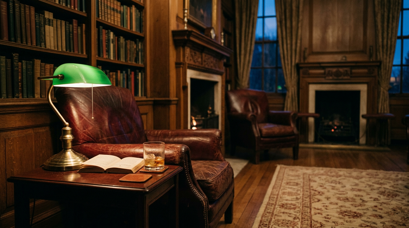A softly lit members' club reading room with leather armchairs and a green lamp